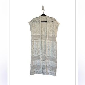 POL Ivory Crochet Open Front Cap  Sleeve Longline Cardigan Size Medium